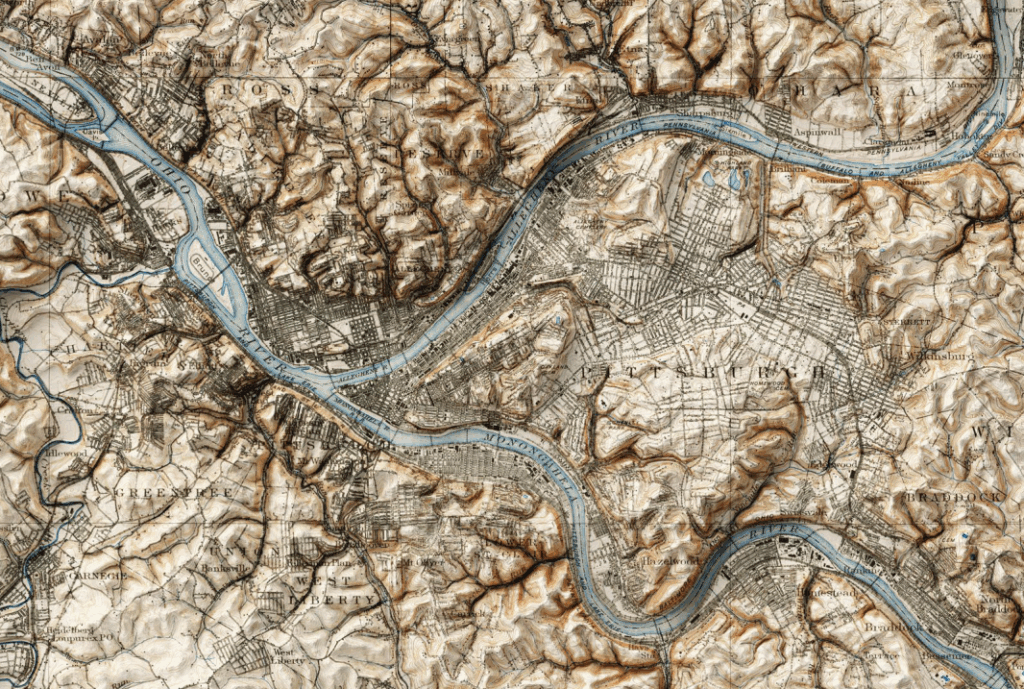 A topographic map of the Pittsburg area highlighting rivers