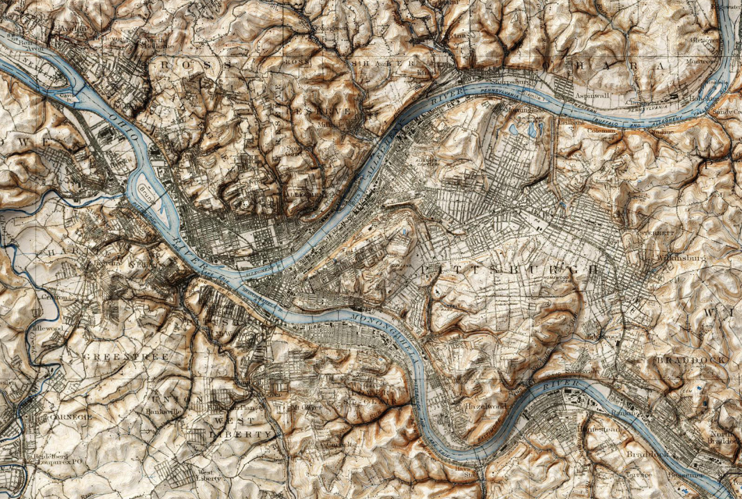 A topographic map of the Pittsburg area highlighting rivers
