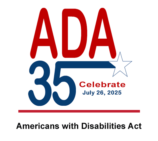 Red and blue logo that says ADA 35