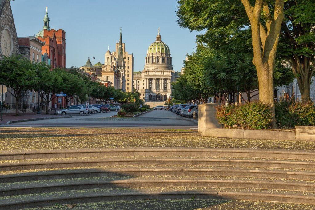 Looking towards the Capitol in Harrisburg, PA with steps in the foreground