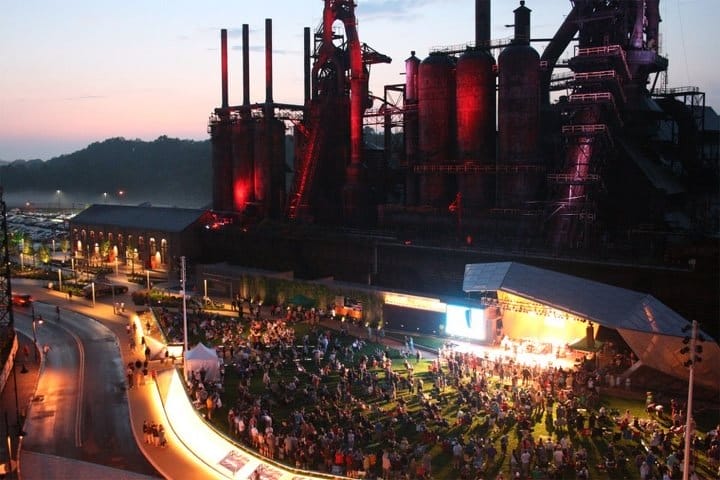 A view from above an outdoor concert in front of Steel Stacks in Bethlehem