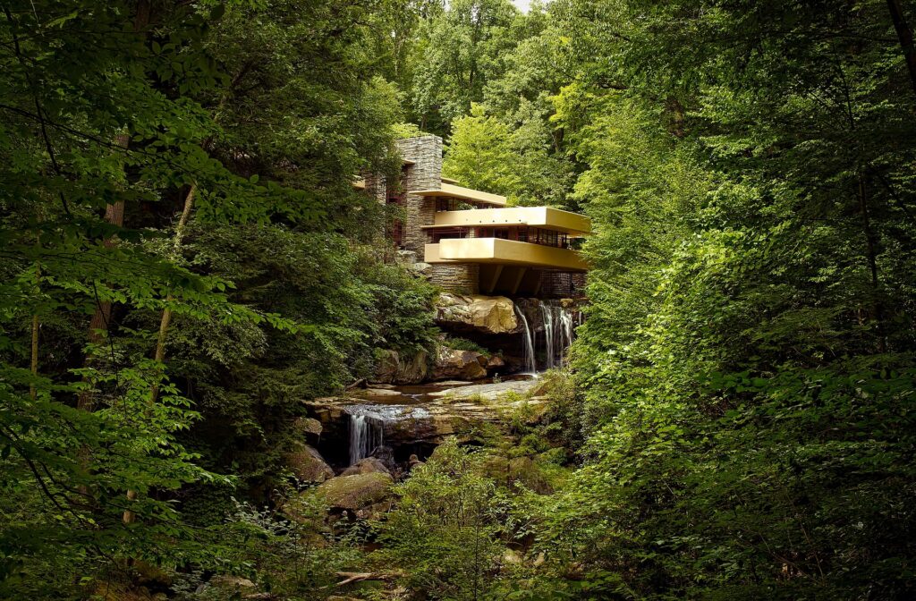 Frank Lloyd Wright's Fallingwater in a dense forest